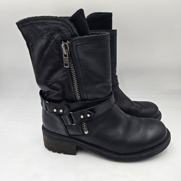 BullBoxer Womens Black Leathet Moto Size 7 Mid Calf Combat Boots Ankle - Picture 1 of 8